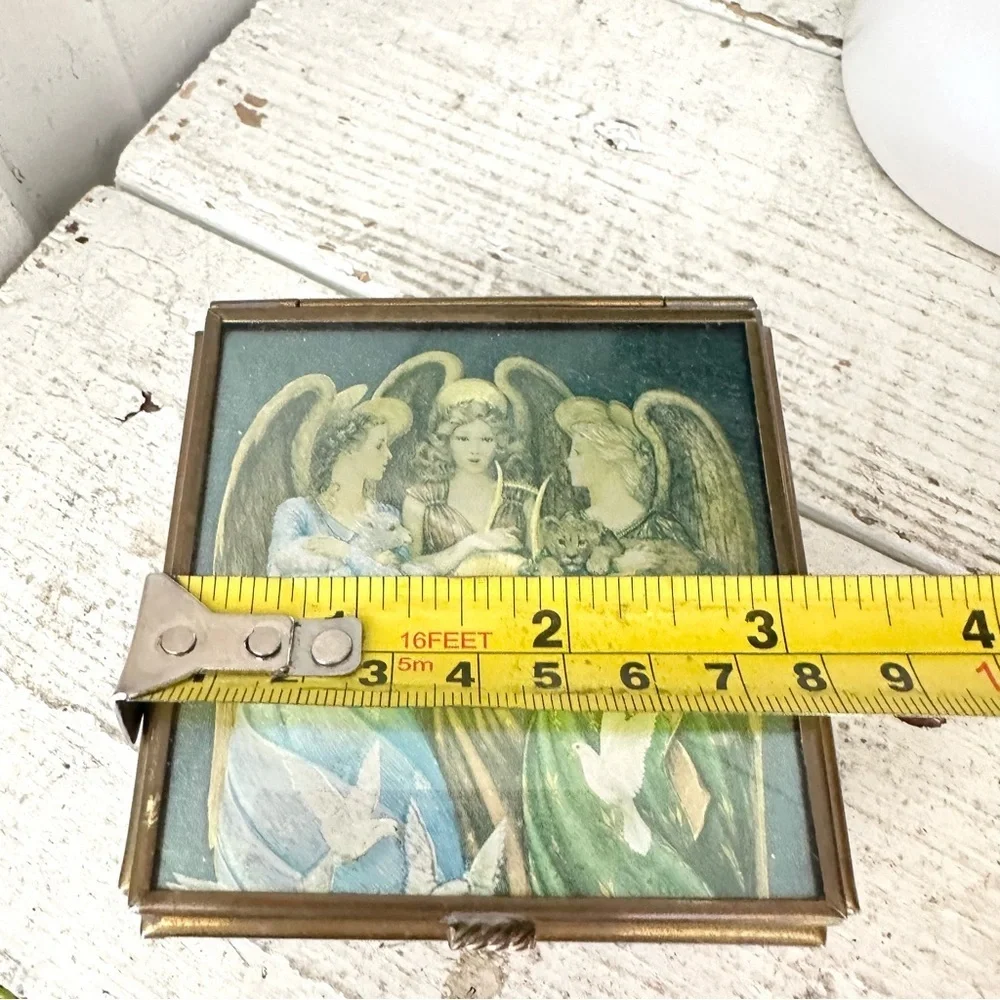 3/$22🩶 Vintage Angels Via Vermont Glass Brass Trinket Jewelry Box Mirror